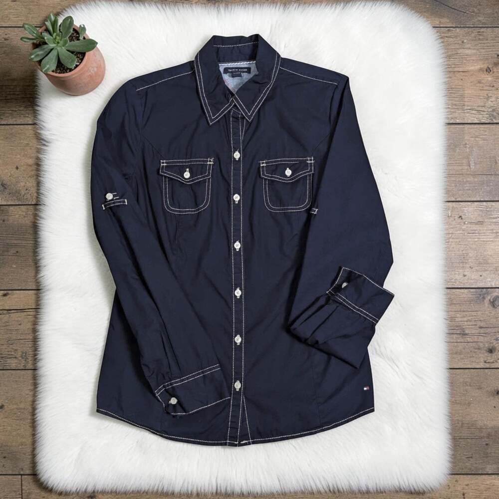 TOMMY HILFIGER Navy Blue White Stitching Long Sleeve Button Up Shirt S